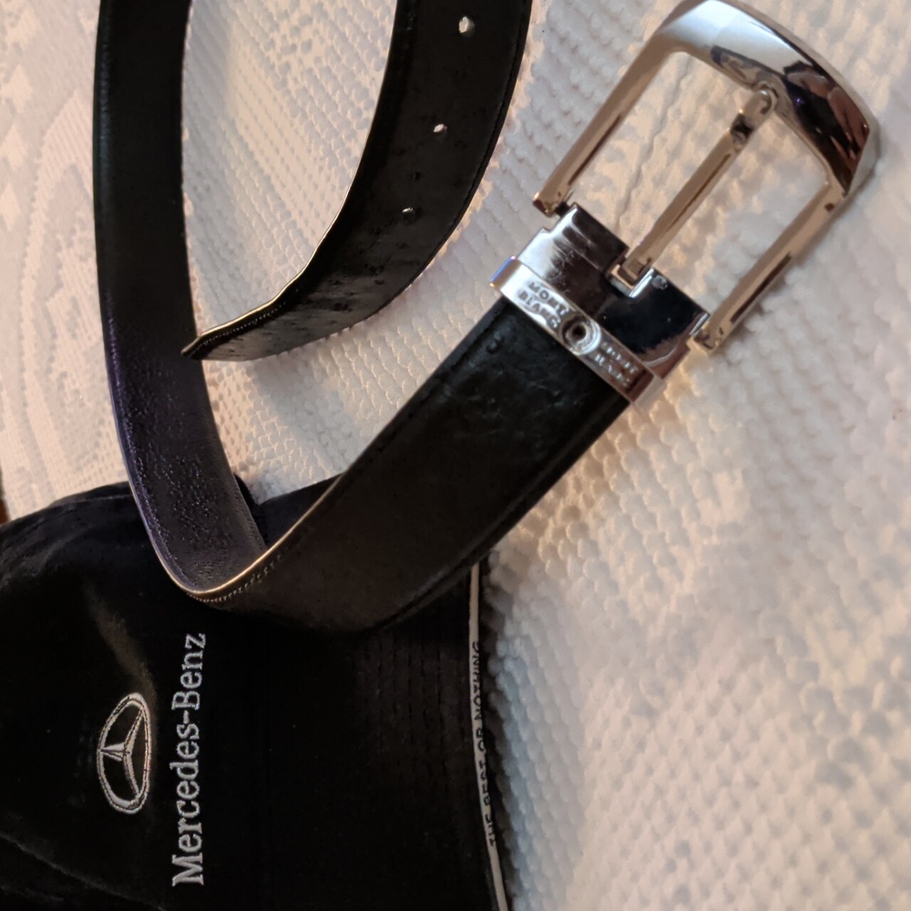 Mont Blanc Black Leather Belt with Silver Buckle